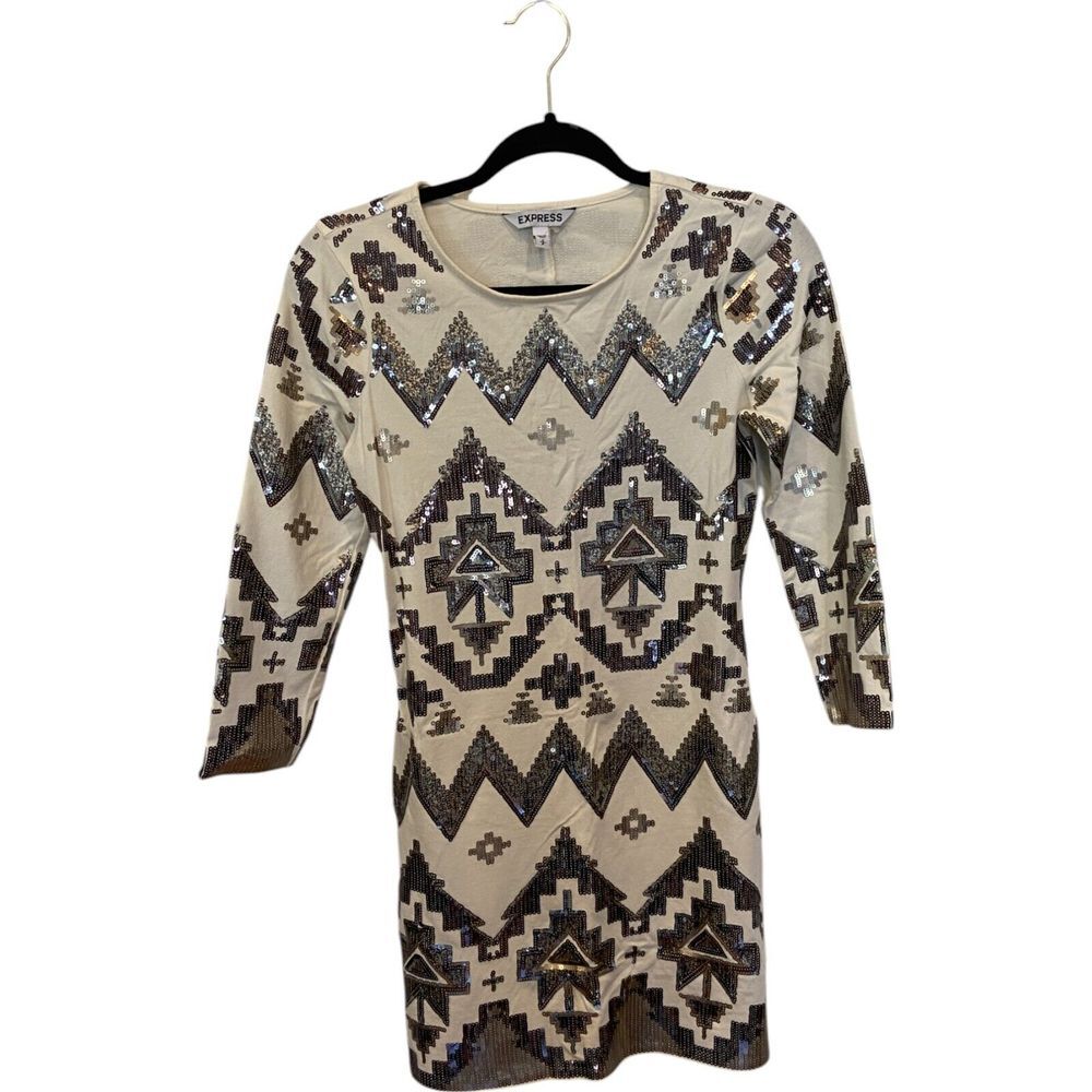 Express Mini Dress Ivory Aztec Sequins Womens Size S 3/4 Sleeve‎ Round Neck